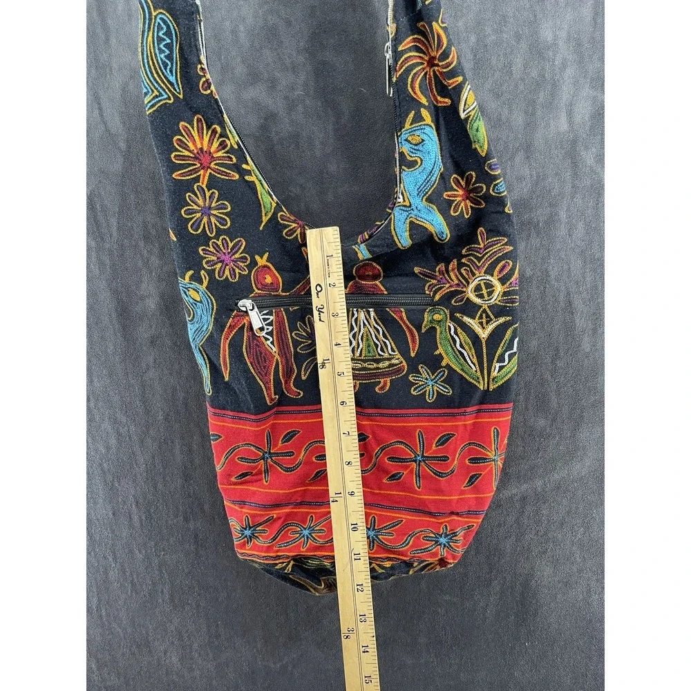 Boho Embroidered Crossbody Hobo Bag Black Floral Ethnic Festival Shoulder Tote